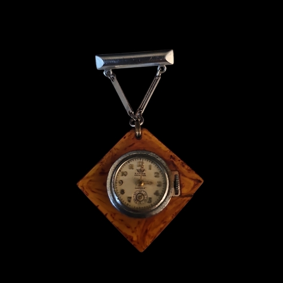 Vintage Square Amber Brooch with Hanging Geneva Watch - Picture 3 of 5